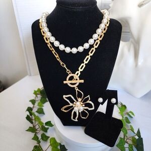 Elegant Double Chain Necklace Faux Pearls Flower Pendant Earrings Set New